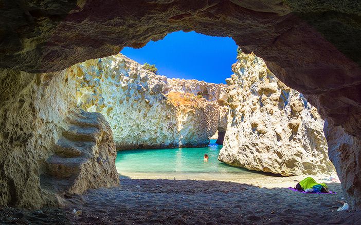 Papafragas beach in Milos island with crystal, blue waters 