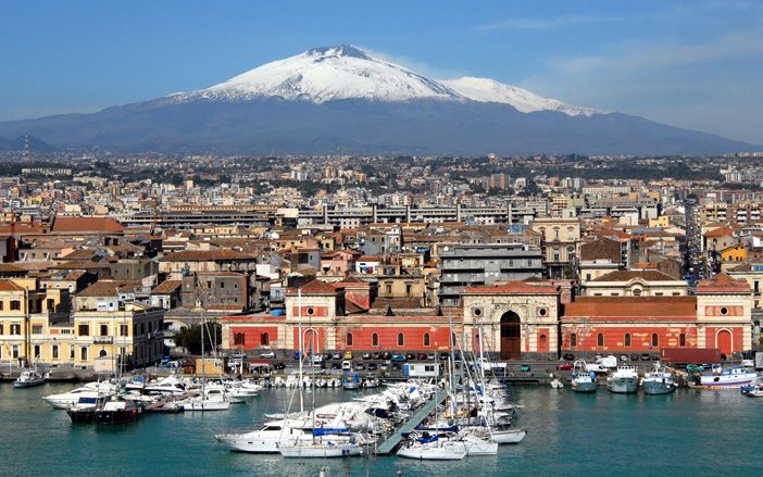 The port of Catania with the volcano view